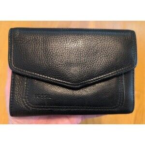 Fossil Tri Fold Black Pebbled Leather Wallet top Zip Lots Of Card Holders 5.5x4"